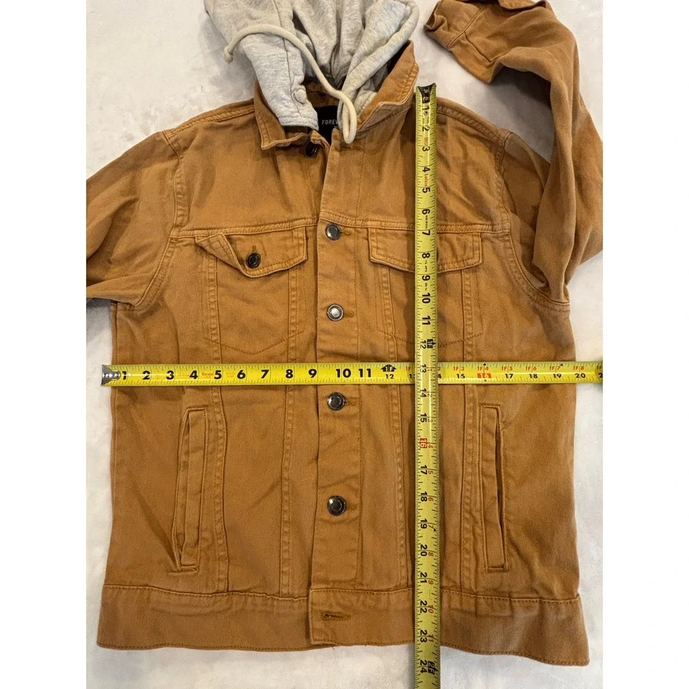 Forever 21 Men Mustard Tan Canvas Trucker Jacket with Grey Jersey Hood Small